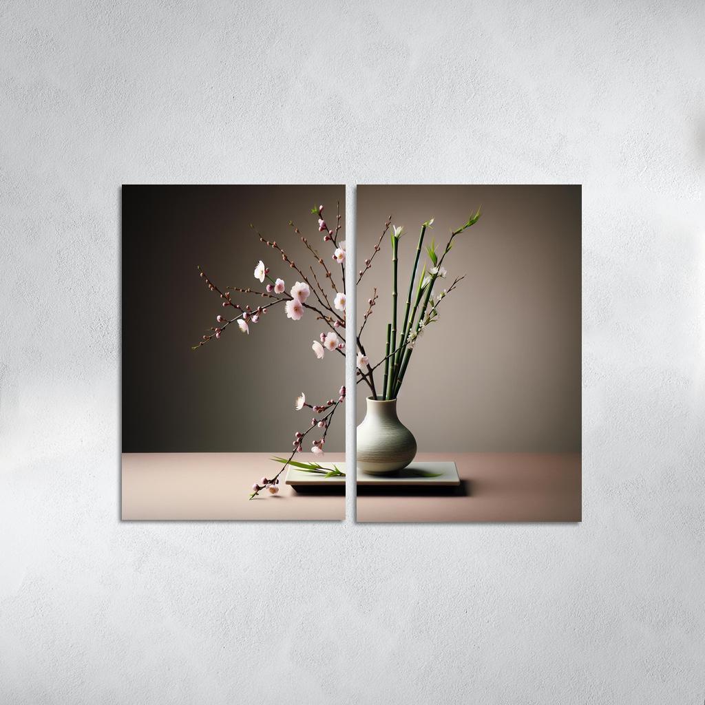 Japanese Serenity Ikebana Inspired Arrangement 2 Piece HD Canvas Wall Art-Original Frame