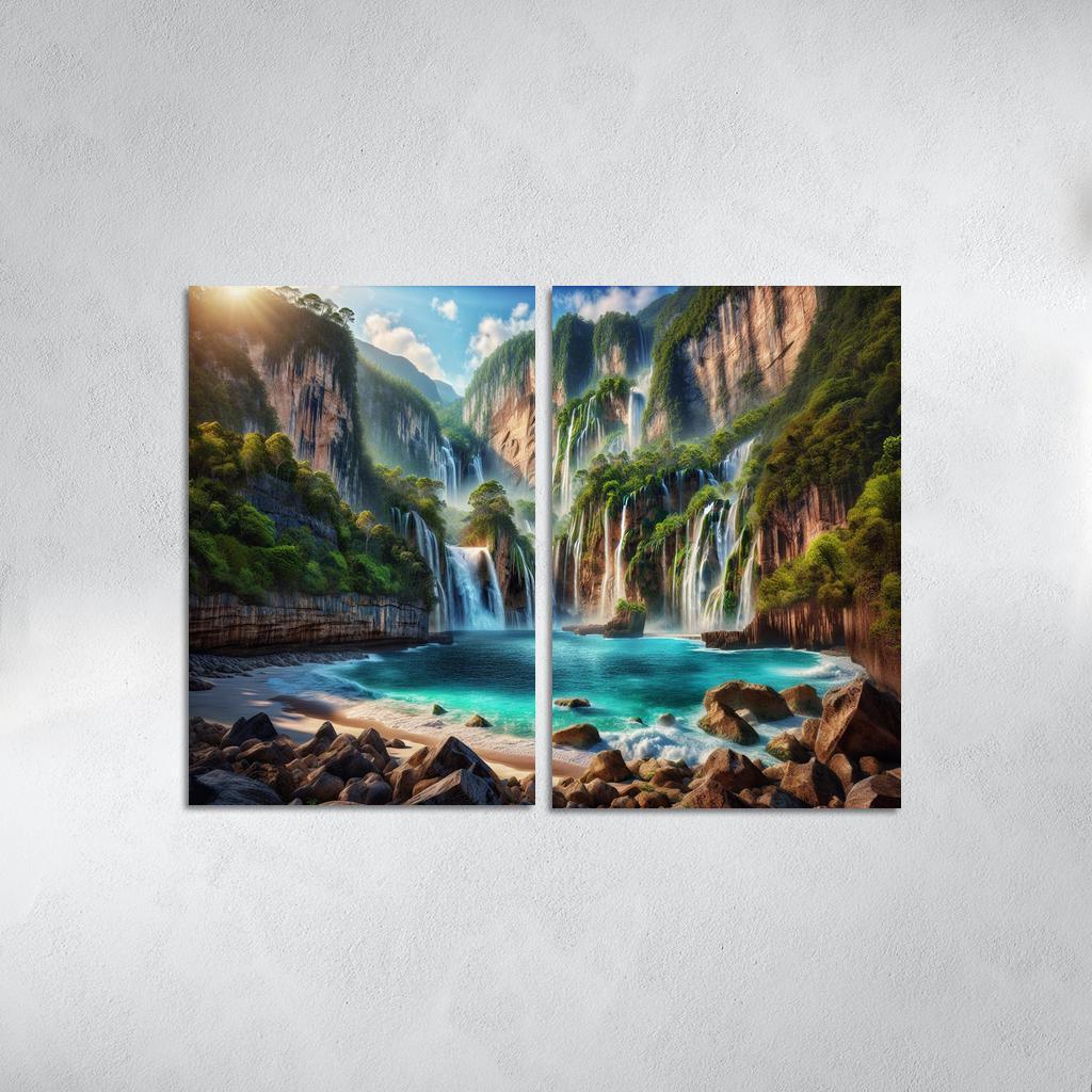 Cascading Waters Beach With Waterfalls Custom Paintings Frame
