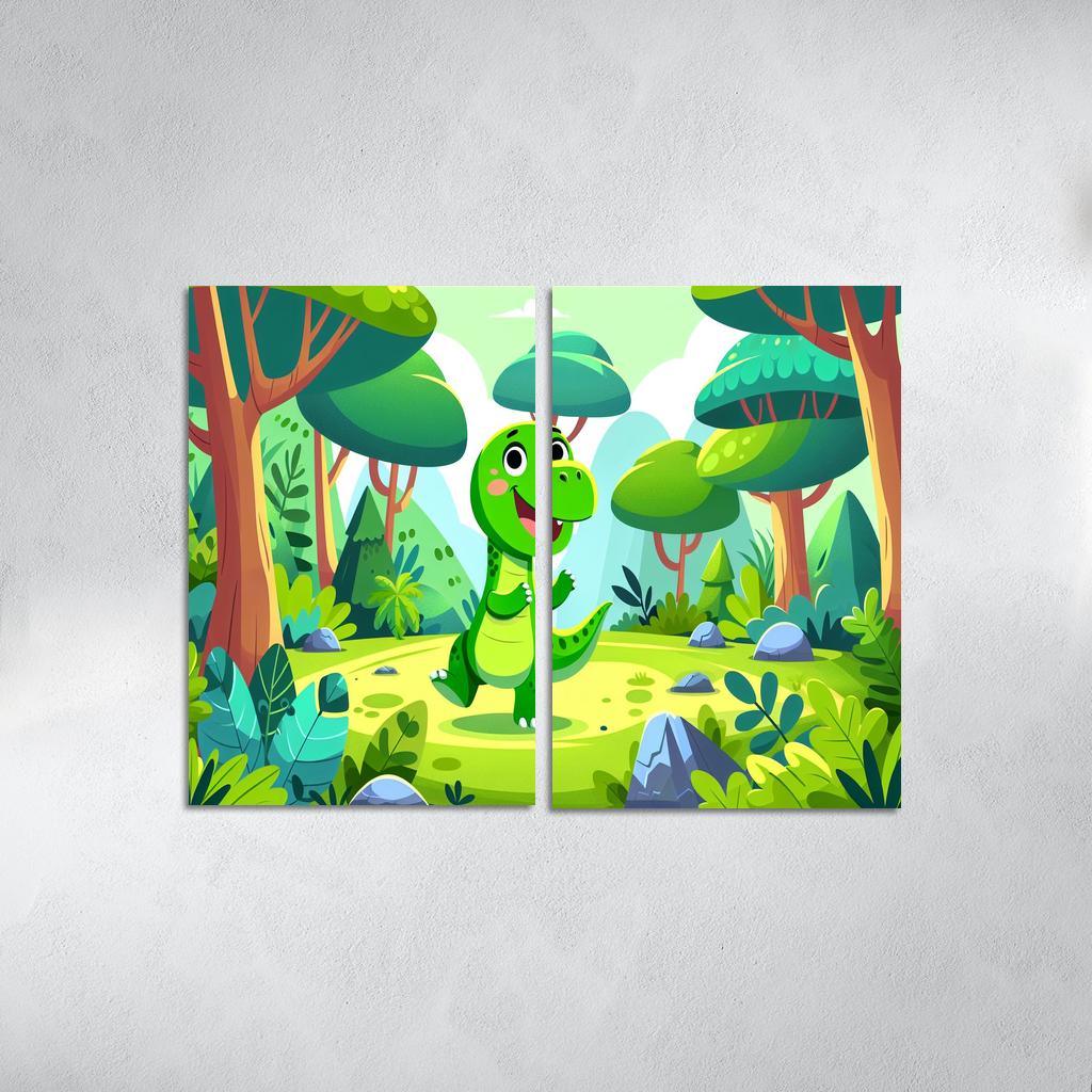 Dancing Dino Delight 2 Piece HD Canvas Wall Art-Original Frame