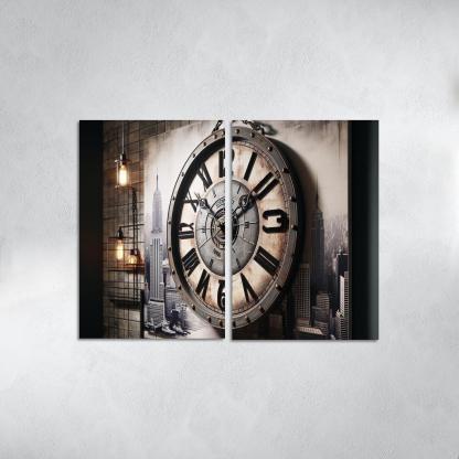 Industrial-Style Wall Clock with Distressed Finish 2 Piece HD Canvas Wall Art-Original Frame