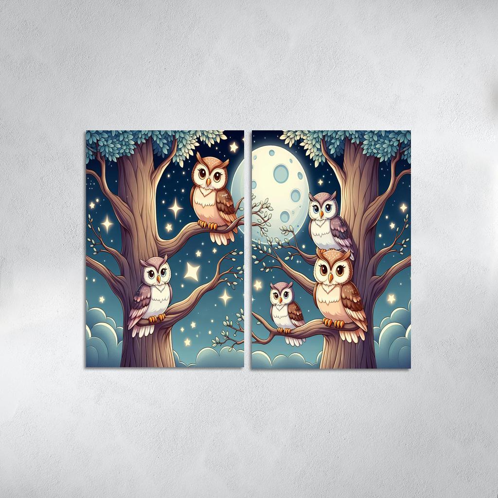 Starry Night Owls - Nighttime Whimsy Framed Paintings