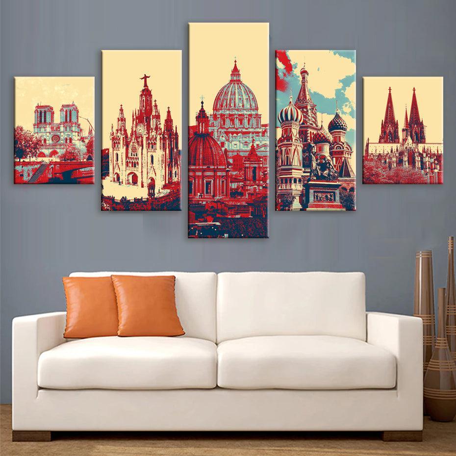 Famous Cathedrals Of Europe 5 Piece HD Multi Panel Canvas Wall Art Frame-Original Frame