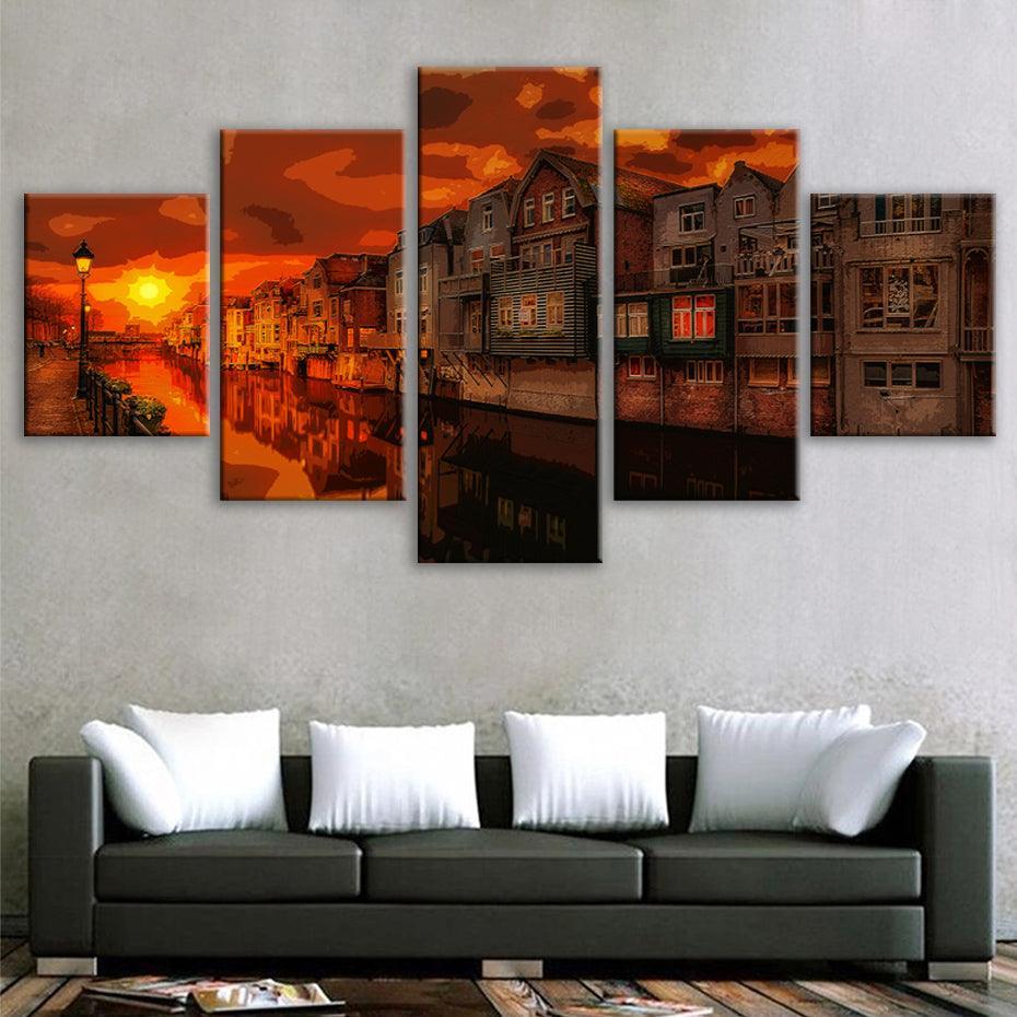 Evening Radiance in the City Multi-Panel Canvas Art Frame-Original Frame