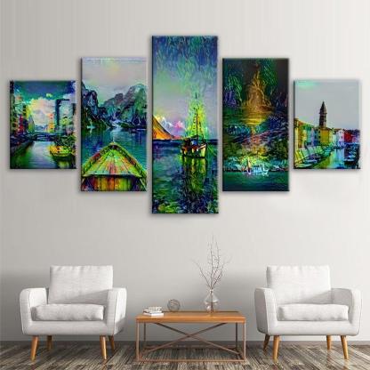 Seaside Boats 5 Piece HD Multi Panel Canvas Wall Art Frame-Original Frame