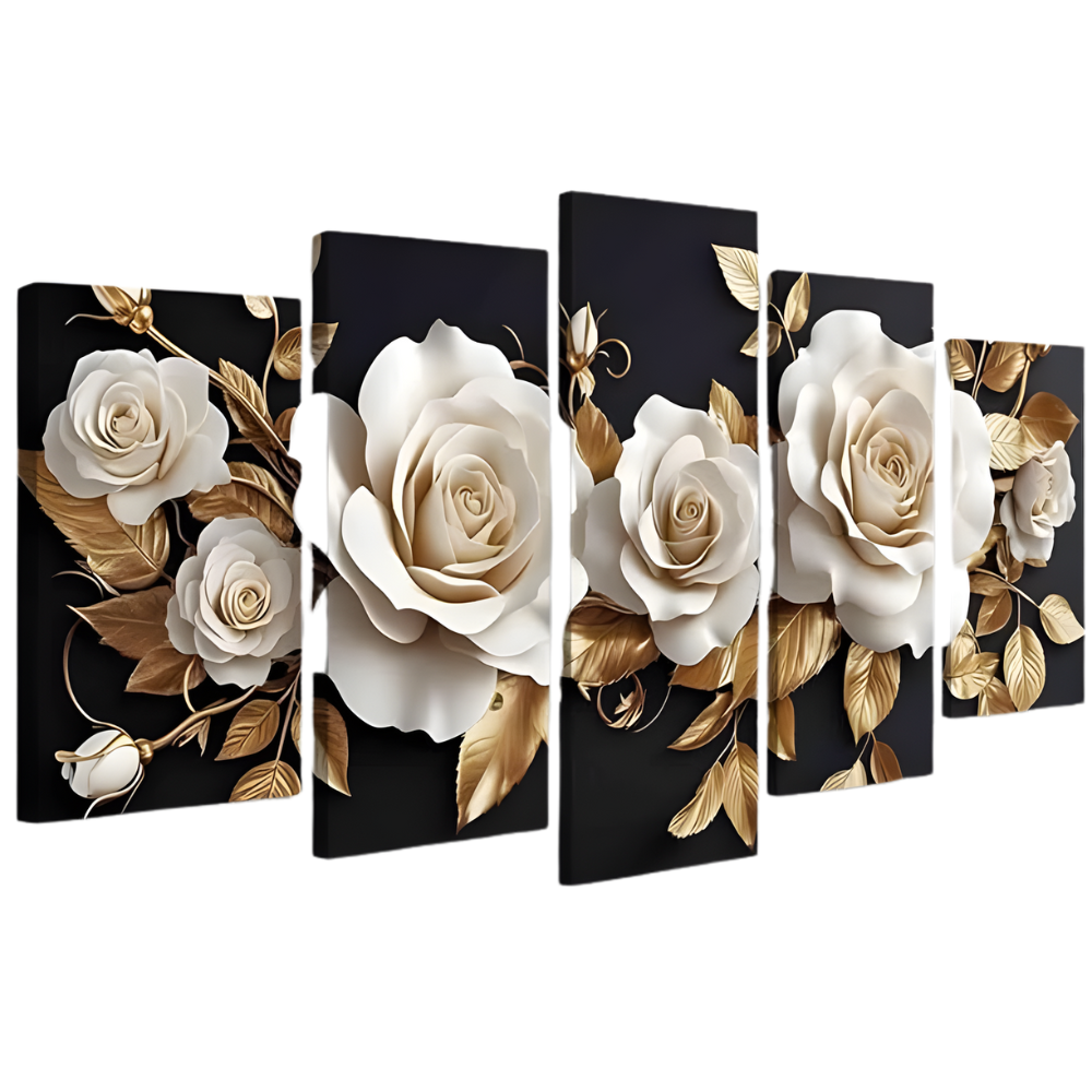 5 Piece White and Gold Flower Canvas Wall Art
