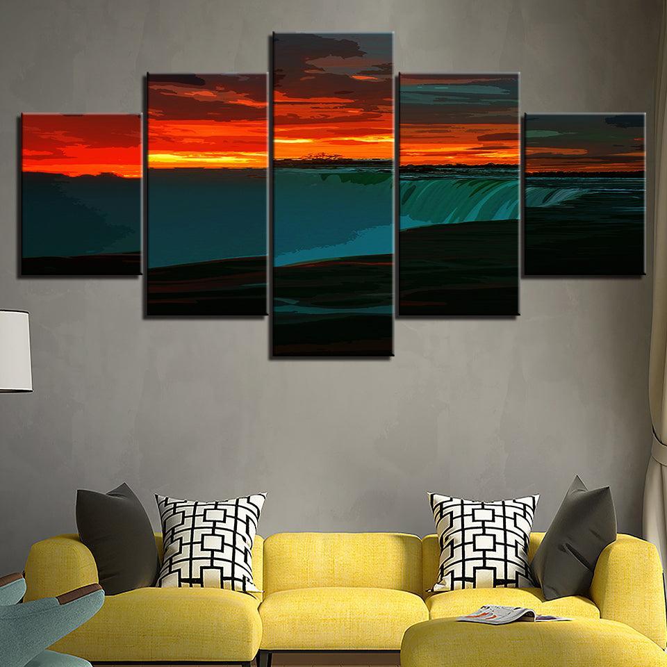 An Orange Sunrise At The Waterfall 5 Piece HD Multi Panel Canvas Wall Art Frame-Original Frame