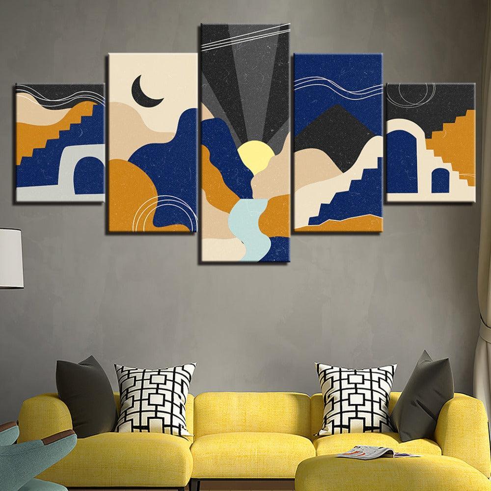 The Abstract Moon And Sun 5 Piece HD Multi Panel Canvas Wall Art Frame-Original Frame
