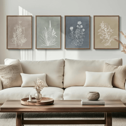Framed Botanical Wall Art 4 Piece Rustic Floral Print Set-Original Frame