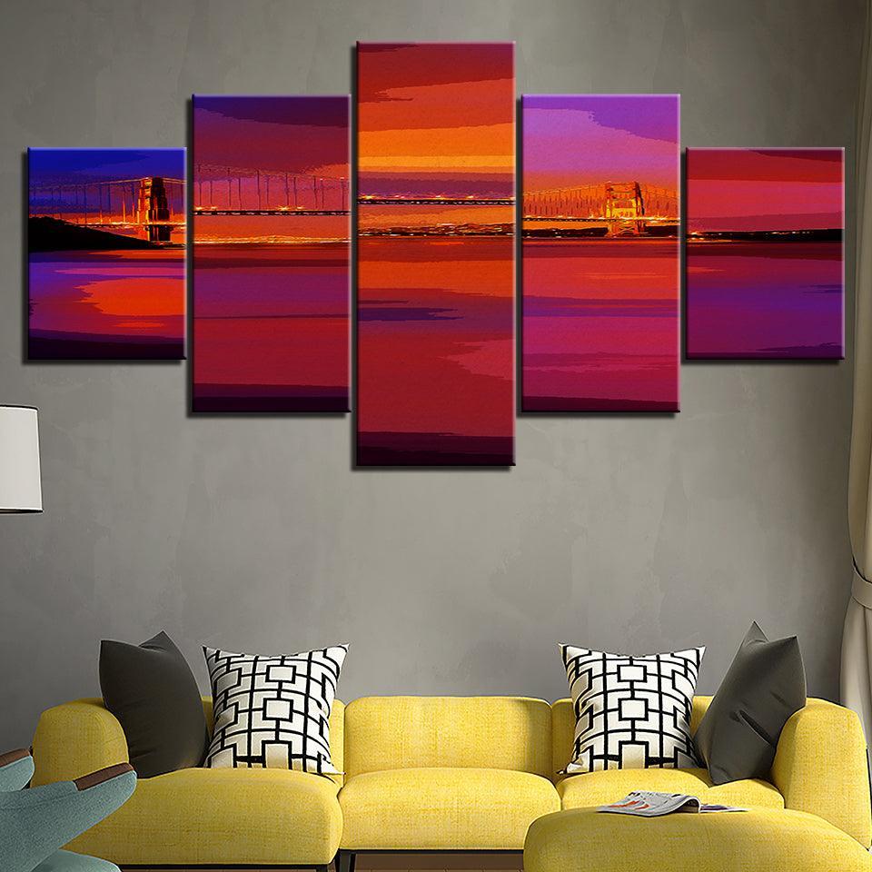 The Bridge´s Sunset 5 Piece HD Multi Panel Canvas Wall Art Frame-Original Frame