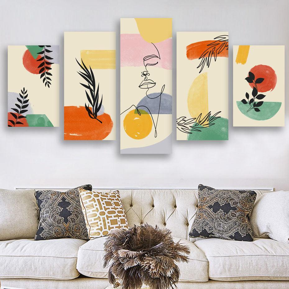 Abstract Boho Line Art 5 Piece HD Multi Panel Canvas Wall Art Frame-Original Frame