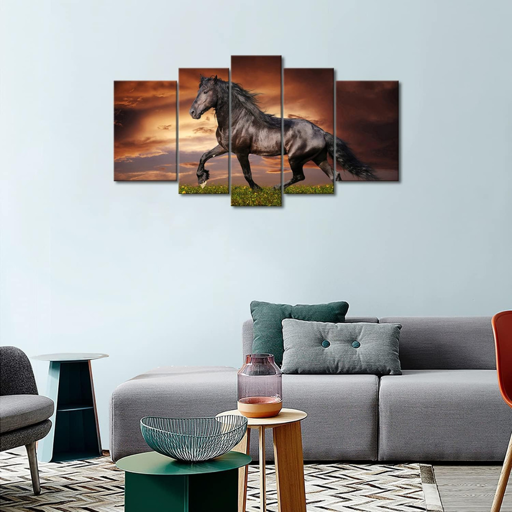 Black Friesian Horse Canvas Art 5 Piece Running at Sunset Wall Decor