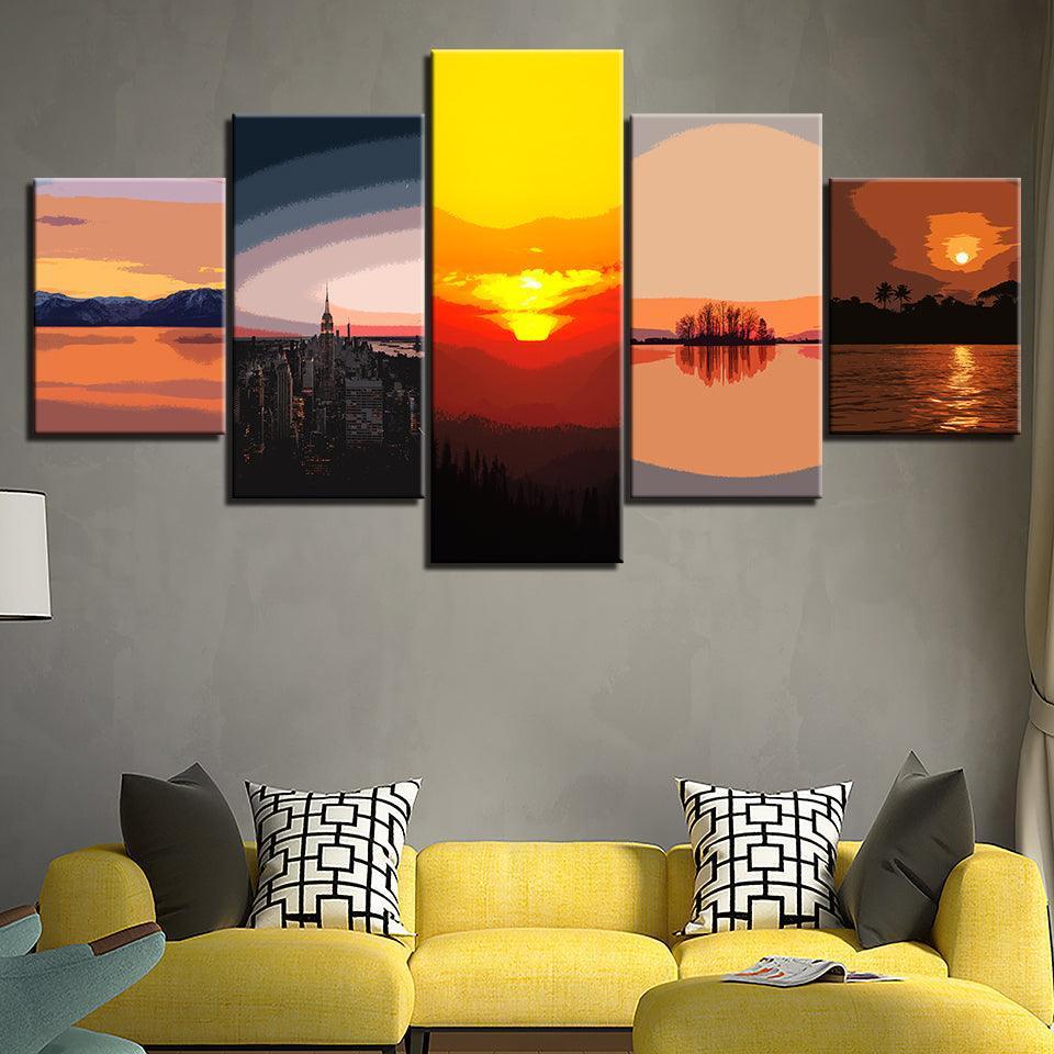 Different Sunsets Collection 5 Piece HD Multi Panel Canvas Wall Art Frame-Original Frame