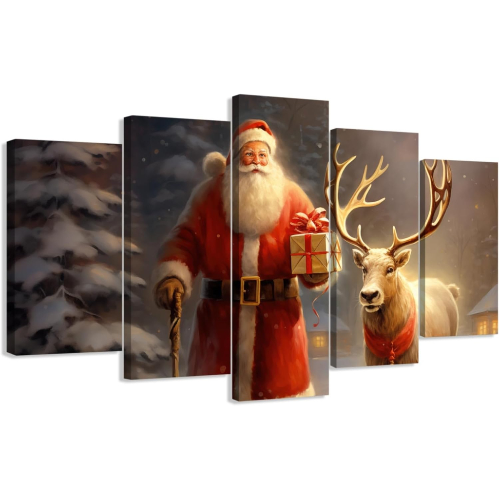 5 Piece Christmas Wall Art Santa Claus and Reindeer Pictures