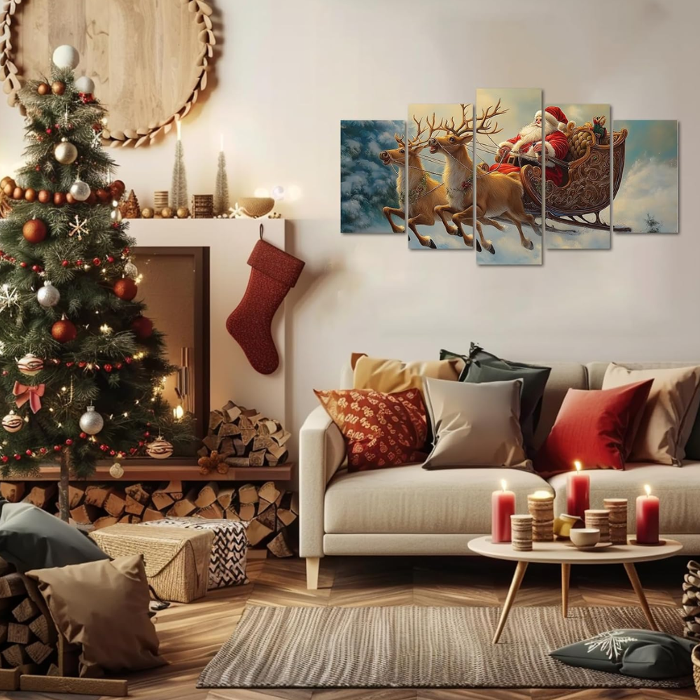 5 Piece Christmas Canvas Wall Art Santa Claus Reindeer Sleigh Decor