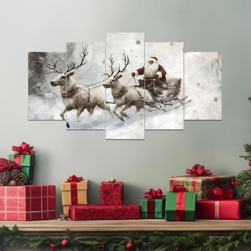  5 Piece Christmas Canvas Wall Art Santa Claus and Reindeer Pictures