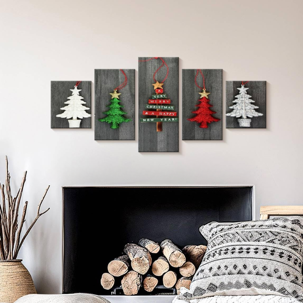 5 Piece Hanging Christmas Trees Horizontal Canvas Wall Art