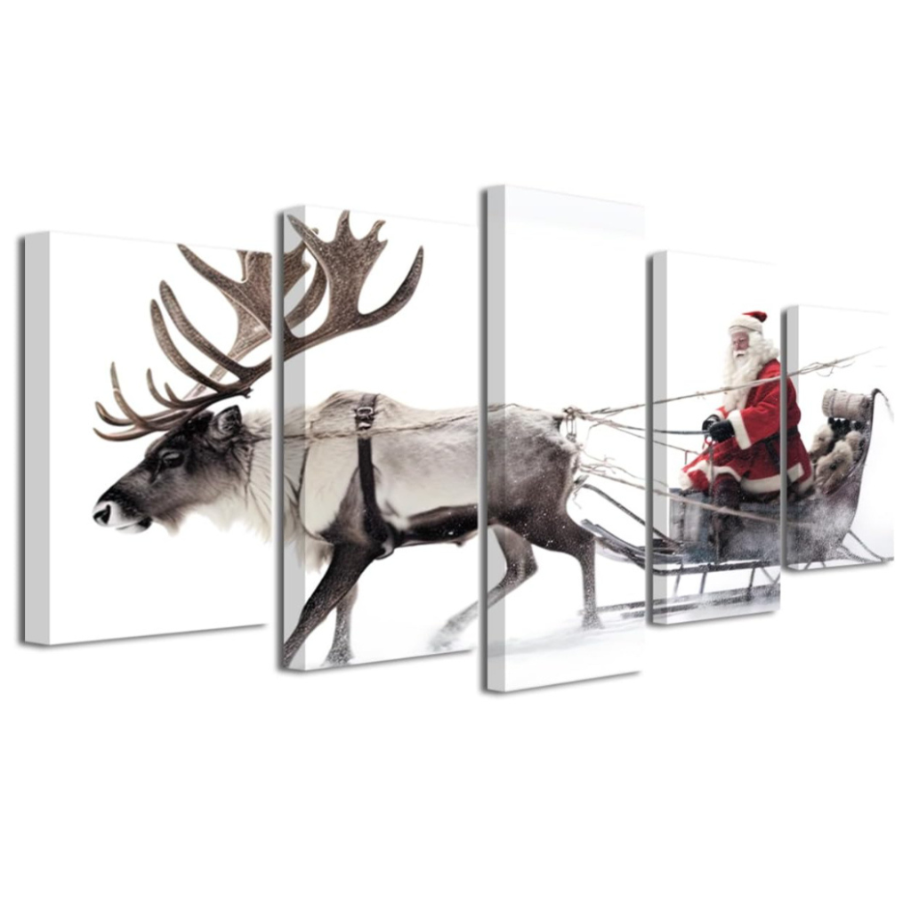 Christmas Canvas Wall Art 5 Piece Santa Claus Reindeer with Sleigh Picture Prints
