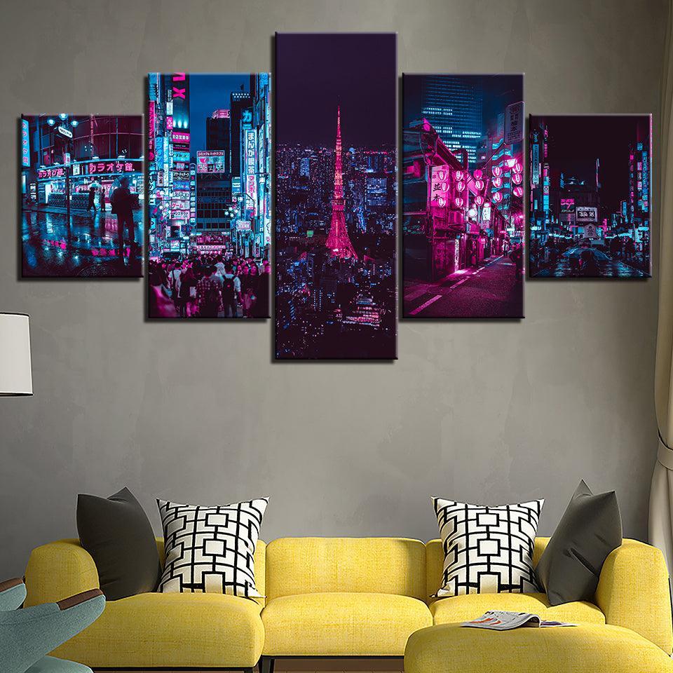 The Neon City Light 5 Piece HD Multi Panel Canvas Wall Art Frame-Original Frame