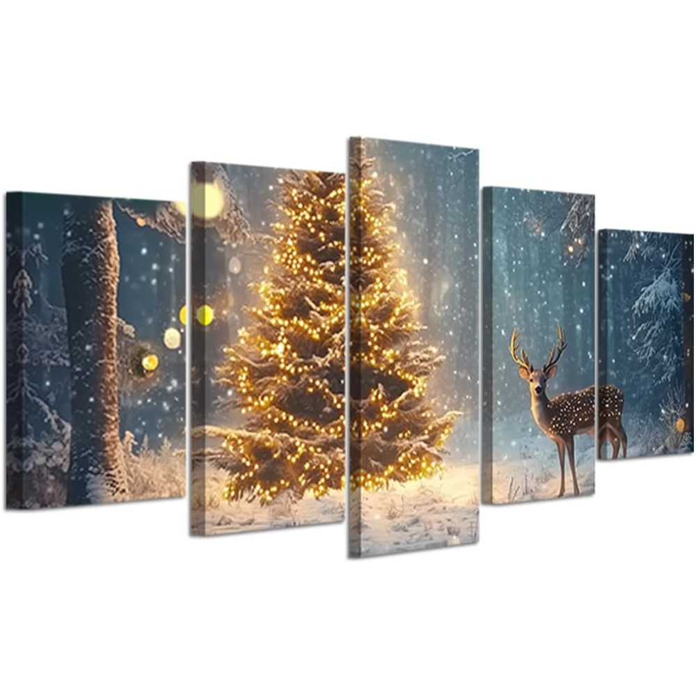 5 Piece Of Vintage Christmas Tree Winter Scene Canvas Wall Art Framed