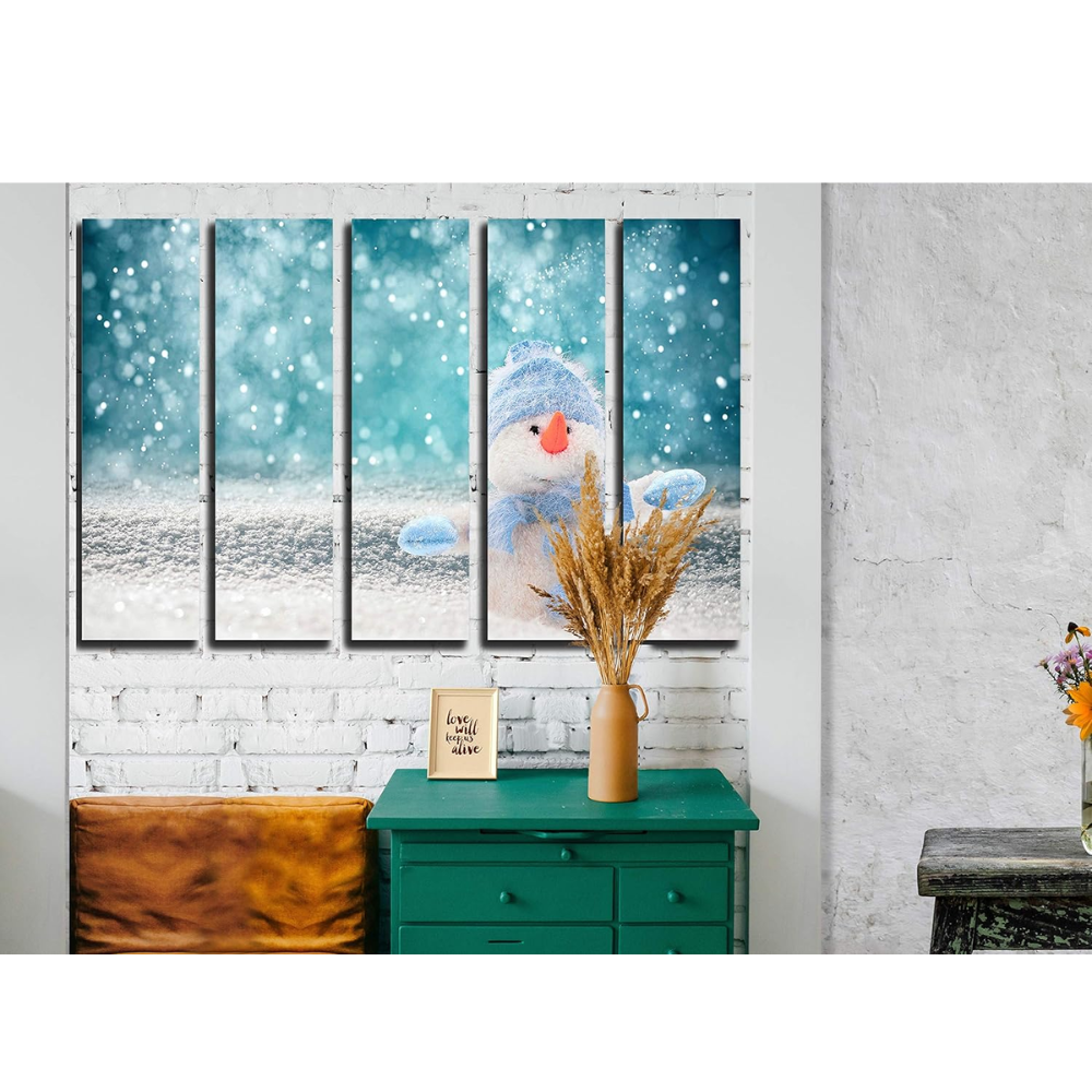 5 Piece Snowy Christmas Wall Art Snowman Canvas Picture Set