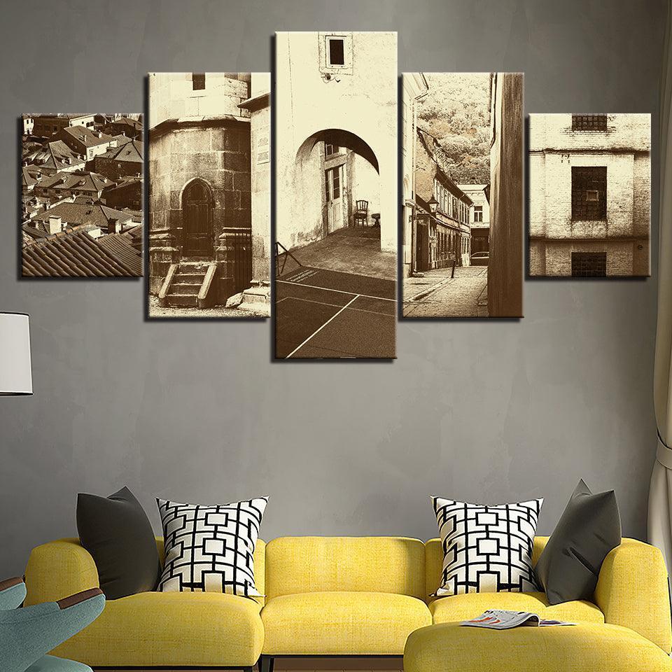 The Vintage Brown Town 5 Piece HD Multi Panel Canvas Wall Art Frame-Original Frame