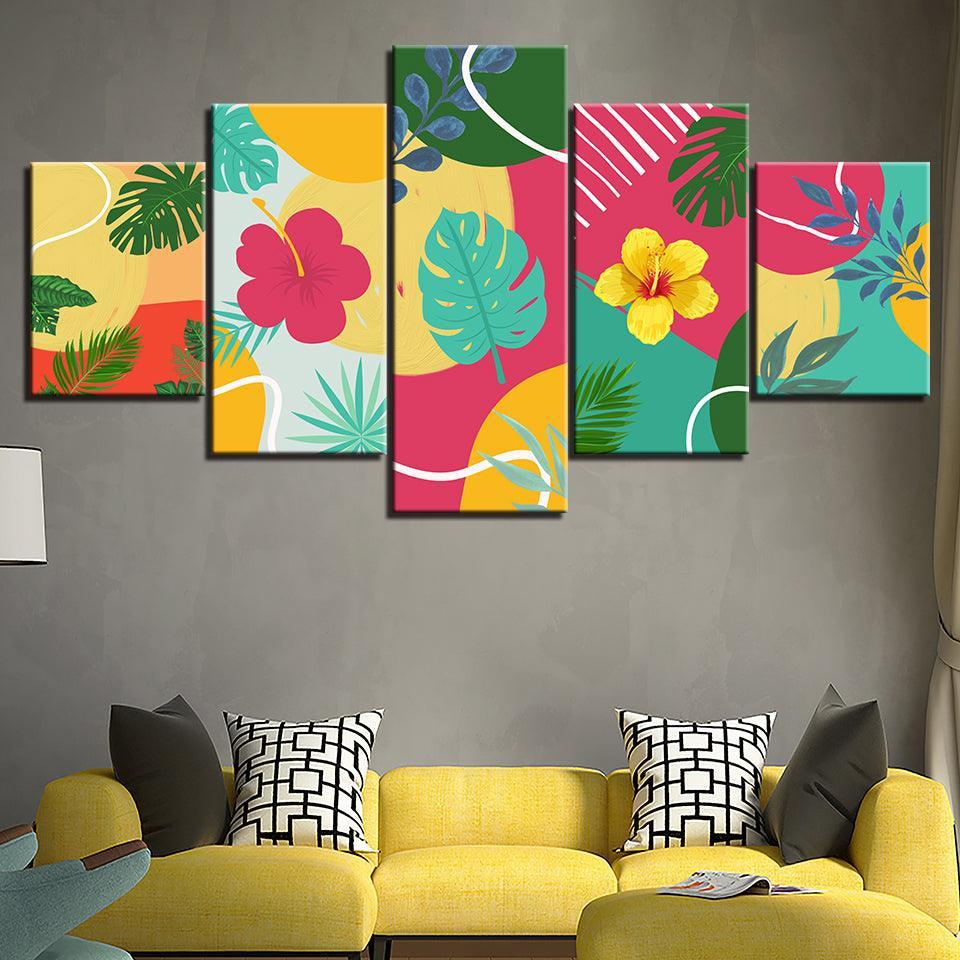 Tropical Leaves Of Summer 5 Piece HD Multi Panel Canvas Wall Art Frame-Original Frame