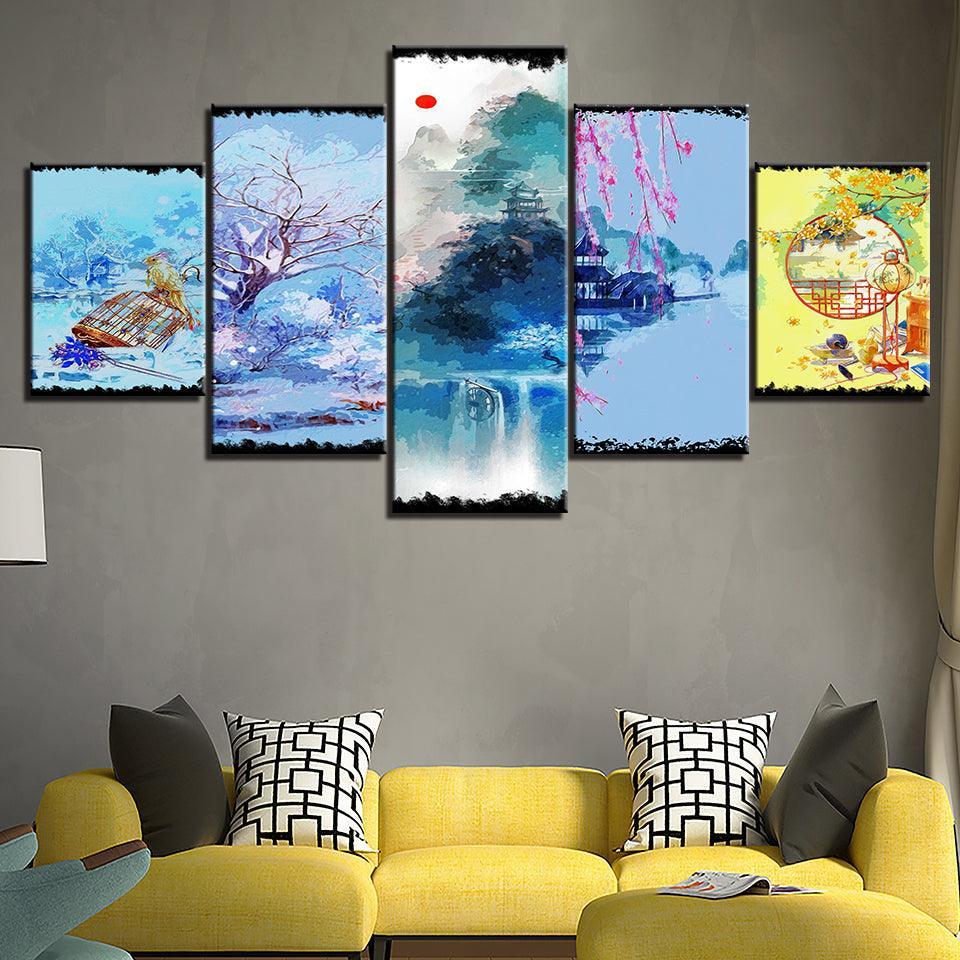The Abstract Japanese Collection 5 Piece HD Multi Panel Canvas Wall Art Frame-Original Frame