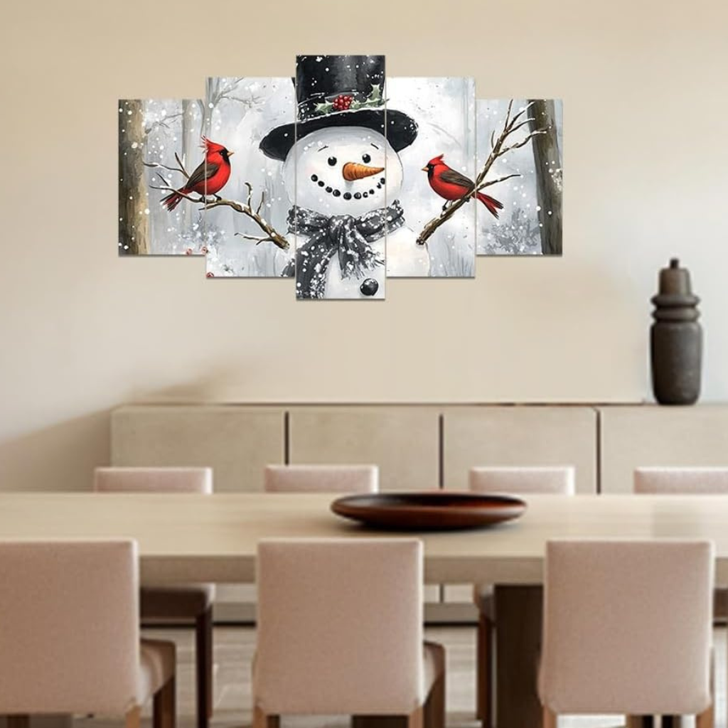 5 Piece Christmas Canvas Wall Art Red Bird and Snowman Painting Cardinal Prints