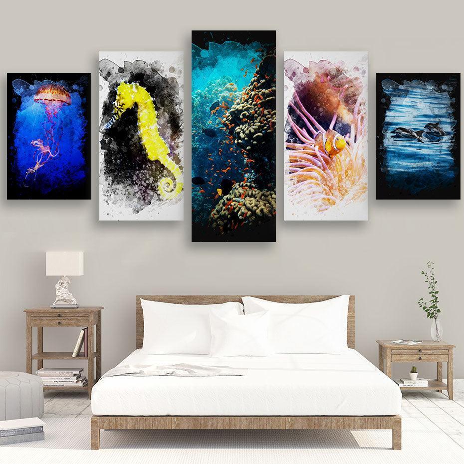 Sea Creatures 5 Piece HD Multi Panel Canvas Wall Art Frame-Original Frame