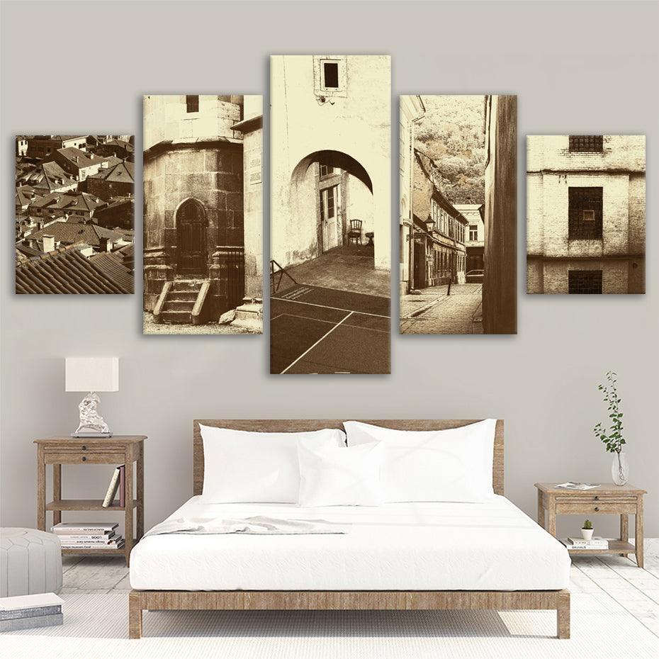 Vintage Streets Of Europe 5 Piece HD Multi Panel Canvas Wall Art Frame-Original Frame