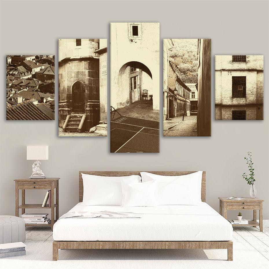 Vintage Streets Of Europe 5 Piece HD Multi Panel Canvas Wall Art Frame-Original Frame