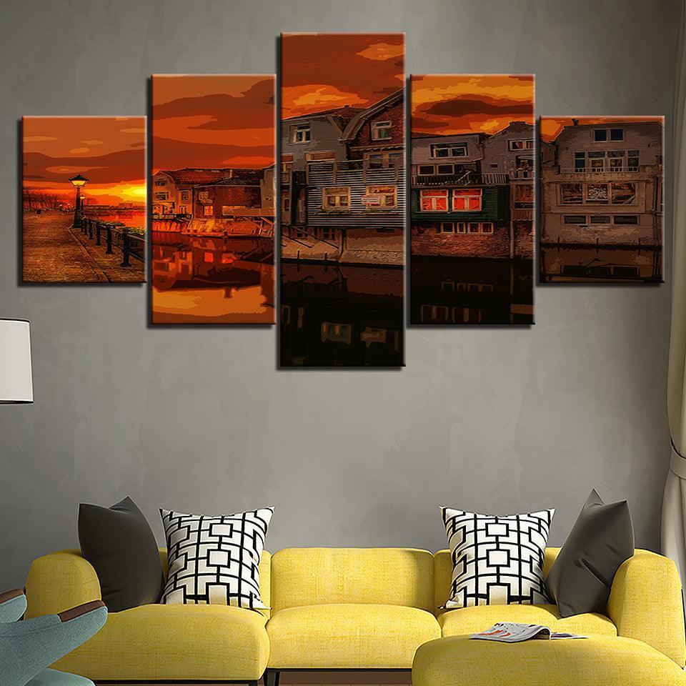 An Orange Evening In Town Collection 5 Piece HD Multi Panel Canvas Wall Art Frame-Original Frame