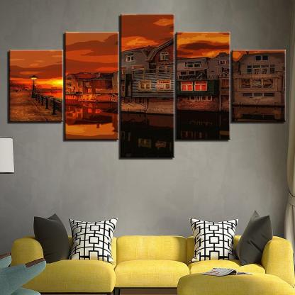An Orange Evening In Town Collection 5 Piece HD Multi Panel Canvas Wall Art Frame-Original Frame