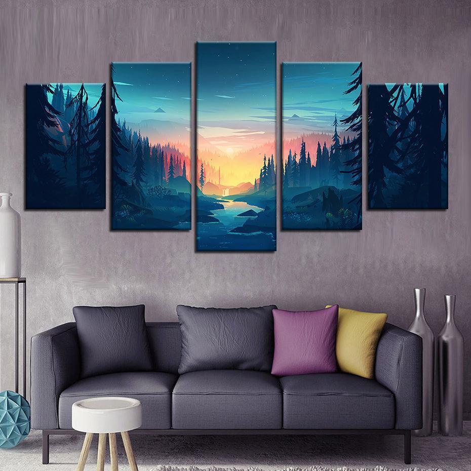 Forest Sunset 5 Piece HD Multi Panel Canvas Wall Art Frame-Original Frame