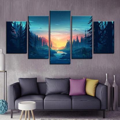 Forest Sunset 5 Piece HD Multi Panel Canvas Wall Art Frame-Original Frame