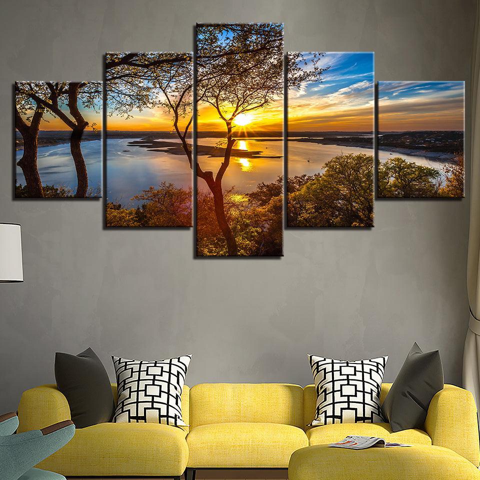 Sunset Lake View Five-Panel Canvas Art Frame-Original Frame