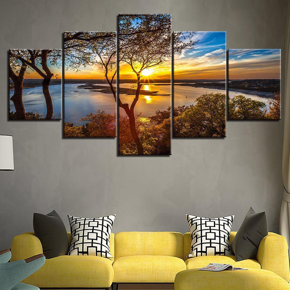 Sunset Lake View Five-Panel Canvas Art Frame-Original Frame