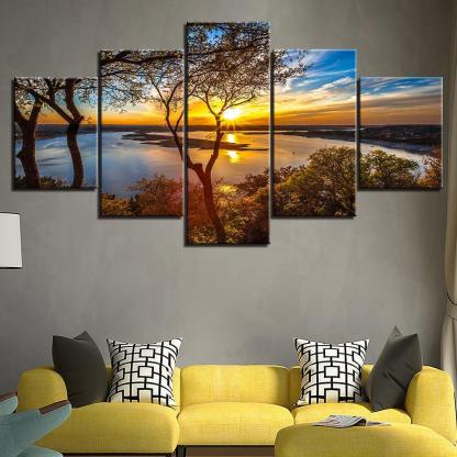 Sunset Lake View Five-Panel Canvas Art Frame-Original Frame