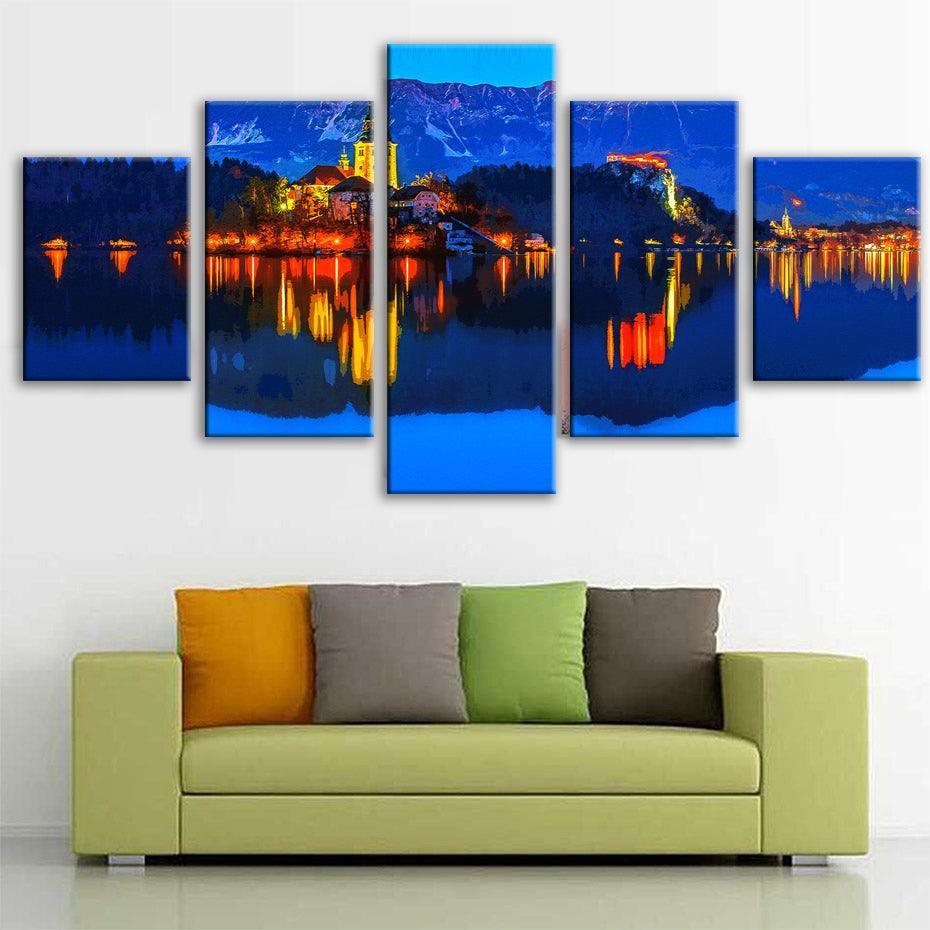 Lake Bled Slovania 5 Piece HD Multi Panel Canvas Wall Art Frame-Original Frame