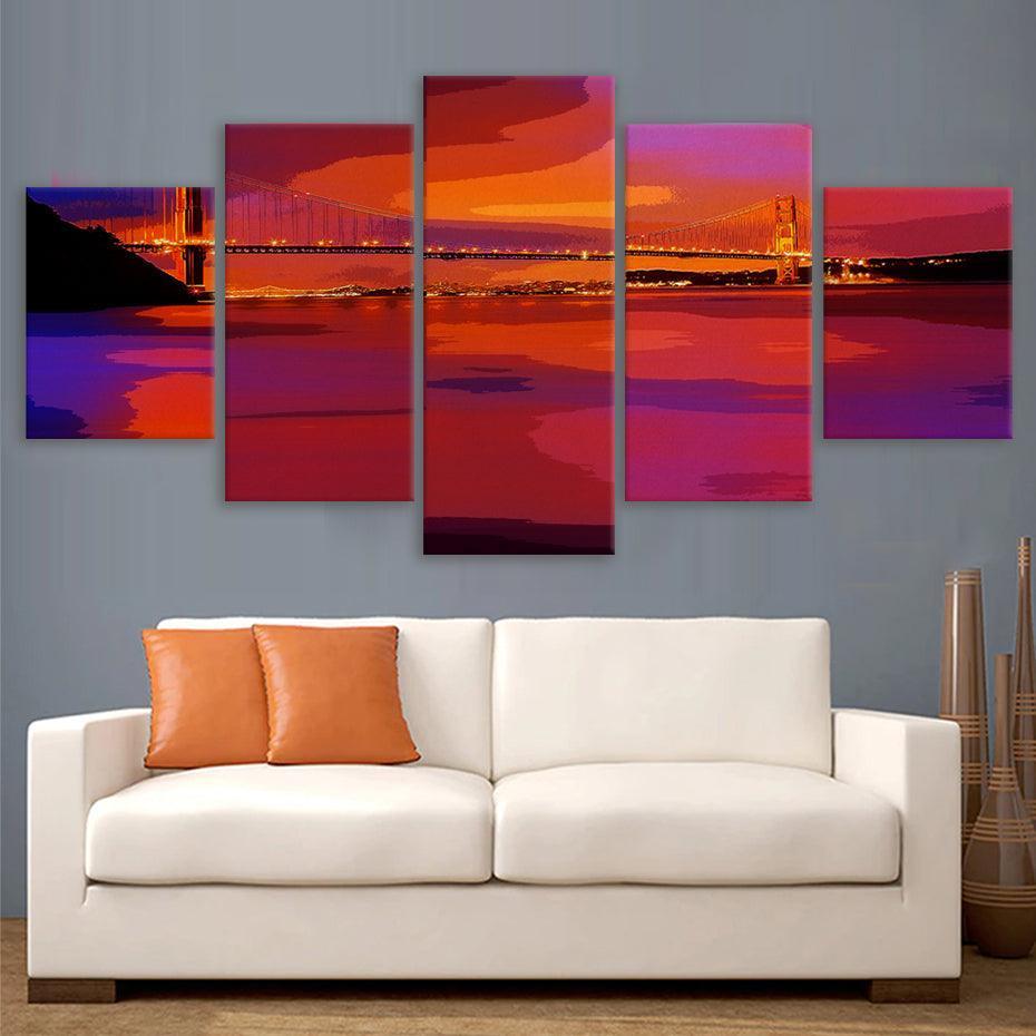 Golden Gate Bridge 5 Piece HD Multi Panel Canvas Wall Art Frame-Original Frame