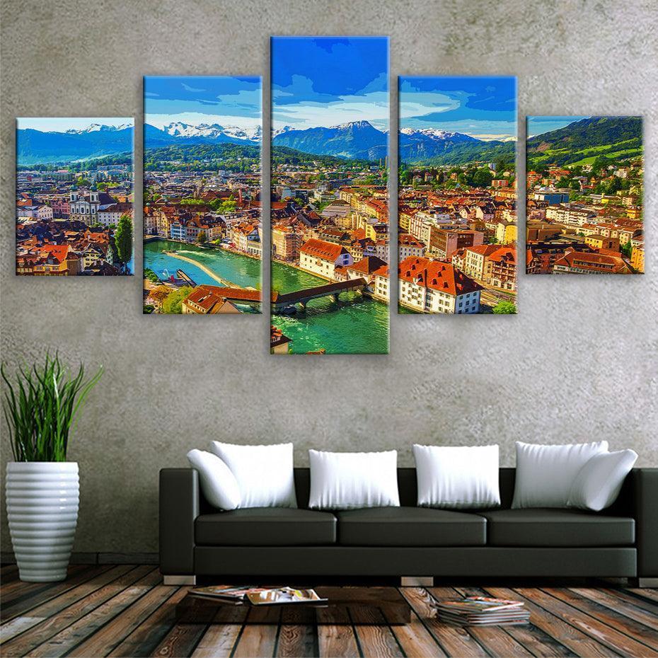 Luzern Switzerland 5 Piece HD Multi Panel Canvas Wall Art Frame-Original Frame