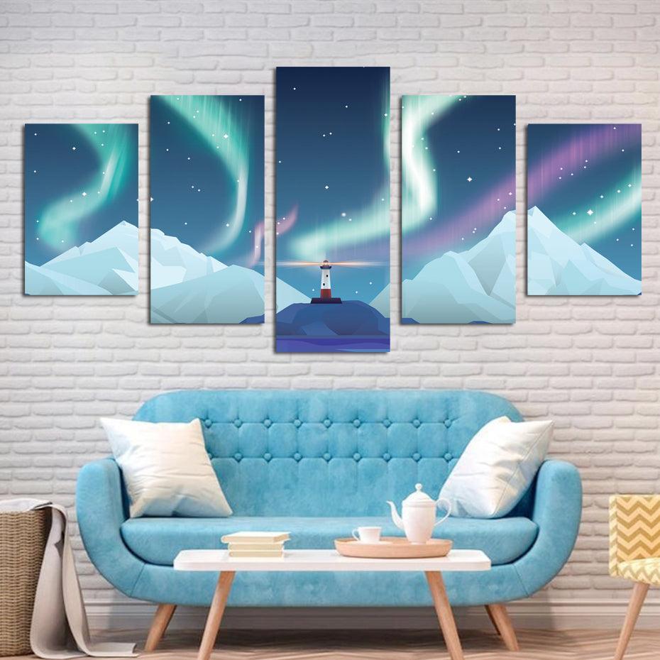 Aurora Lighthouse 5 Piece HD Multi Panel Canvas Wall Art Frame-Original Frame