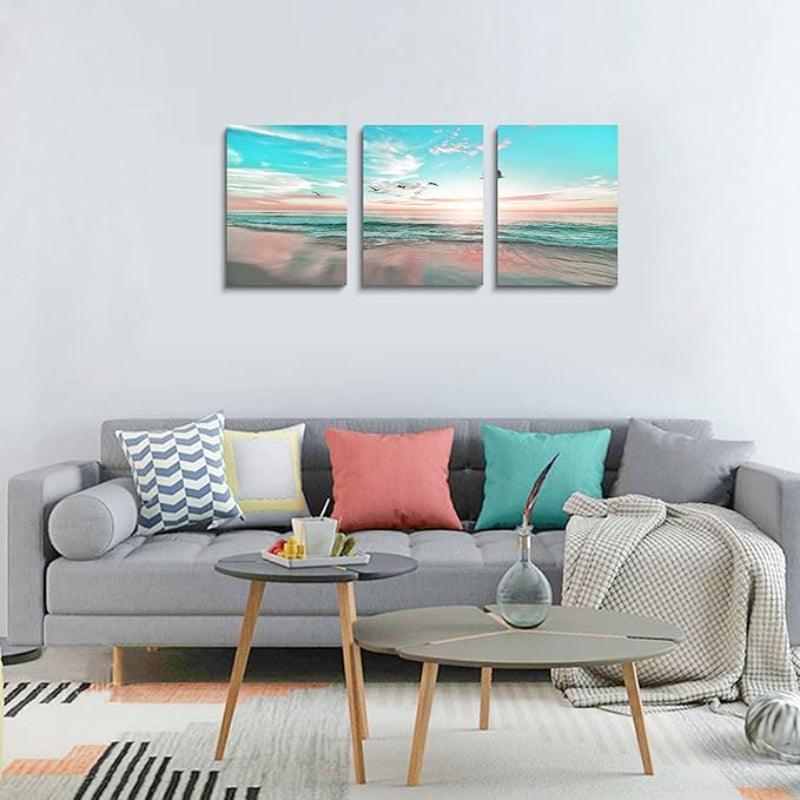 3 Piece Abstract Beach Canvas Wall Art Landscape Art Set-Original Frame