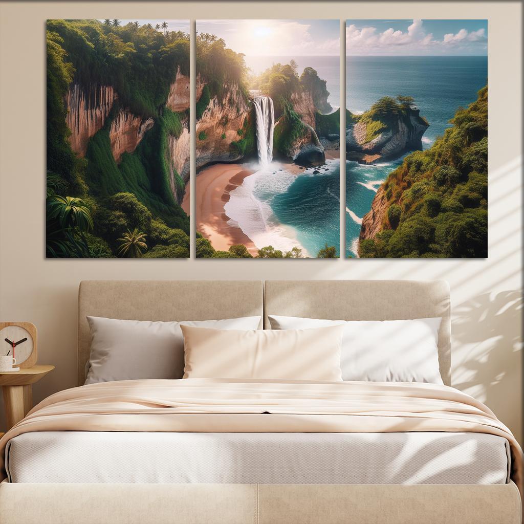 Cascading Waterfalls Beach Modern Paintings Frame
