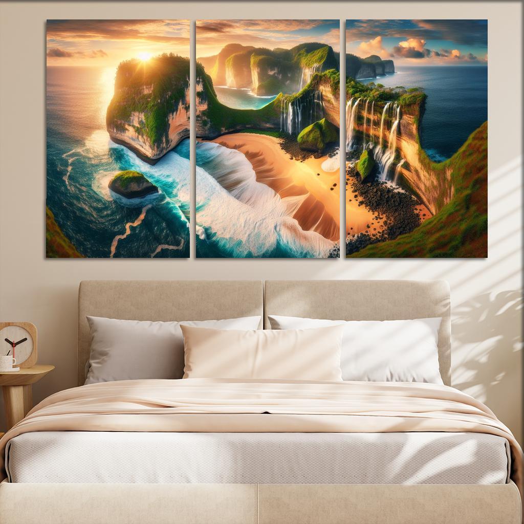 Cascading Waterfalls Beach Natural Wonder Oil Paintings Frame