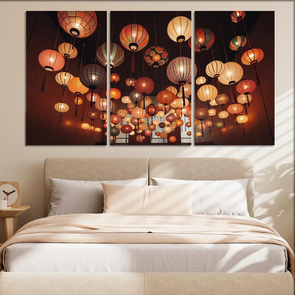 Whimsical Paper Lanterns 3 Piece HD Canvas Wall Art-Original Frame
