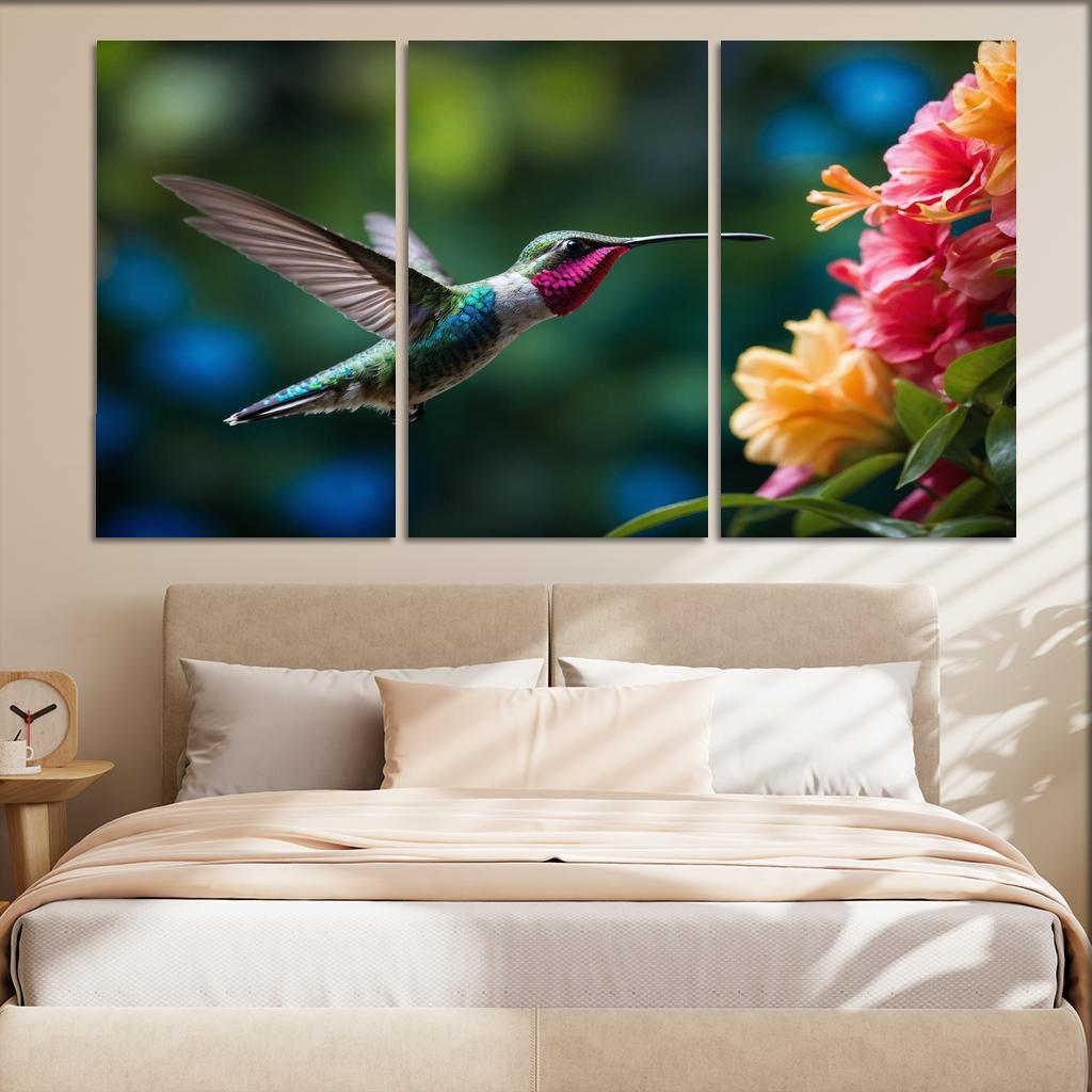 The Enchanting Hummingbird Among Tropical Flowers Framed Paintings
