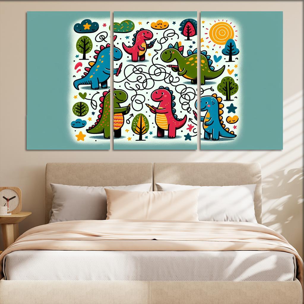 Doodle Dino Friends 3 Piece HD Canvas Wall Art-Original Frame