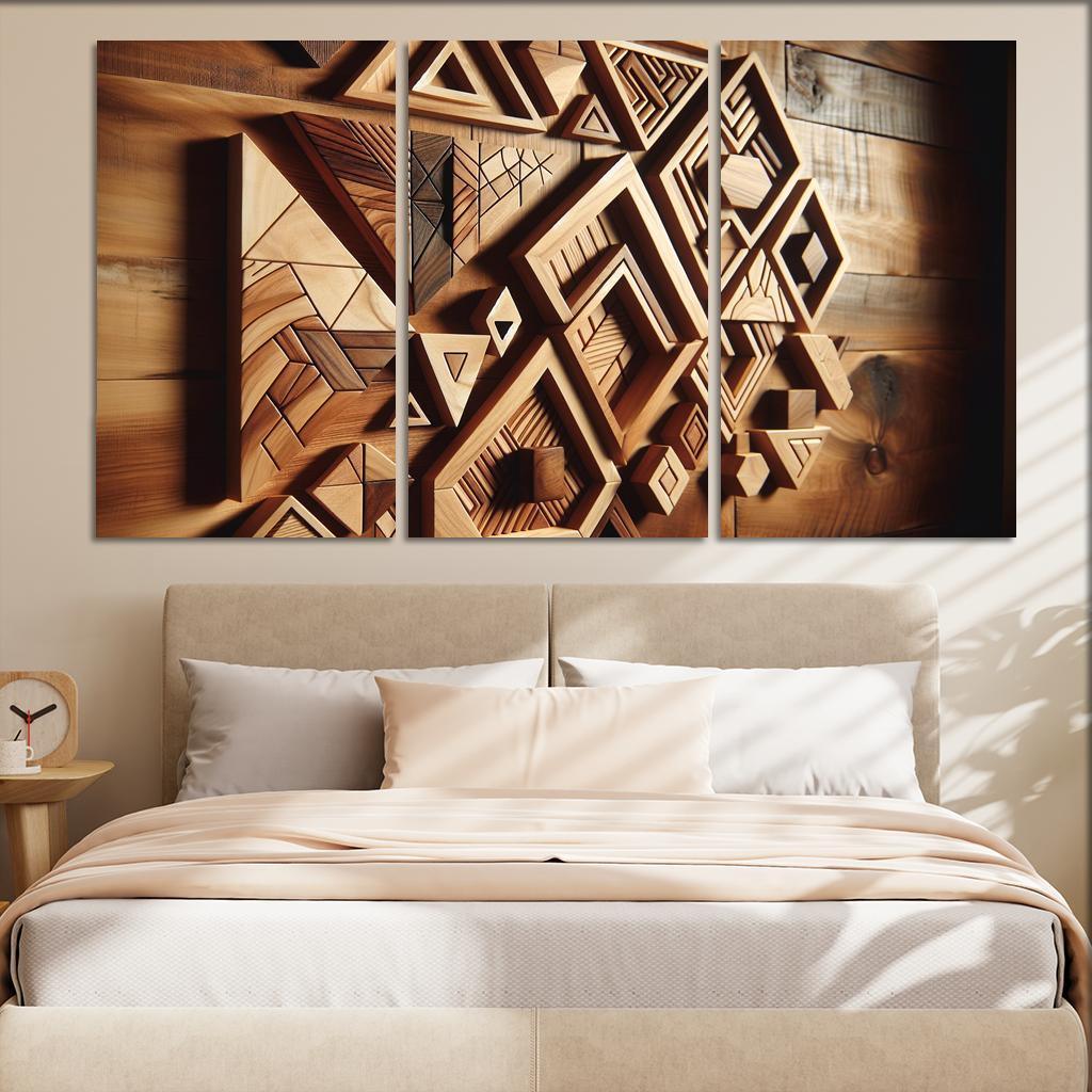 Geometric Wooden Wall Shelves 3 Piece HD Canvas Wall Art-Original Frame
