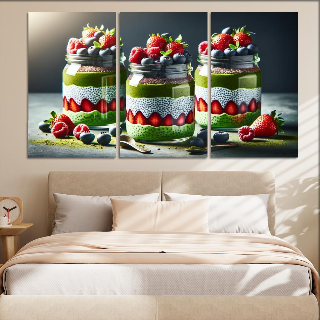 Matcha Chia Seed Pudding 3 Piece HD Canvas Wall Art-Original Frame